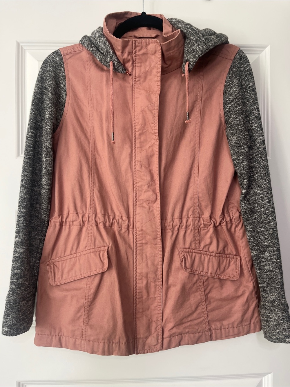 Love Tree Rose Pink Utility Jacket with Gray Knit Sleeves & Hood